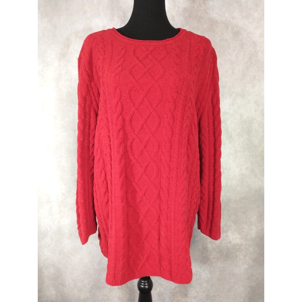 J Jill Cable Knit Chenille Tunic Sweater Size Large Red Soft Comfy Cable Knit